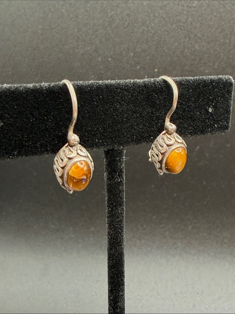 925 Sterling Silver Tigers Eye Drop Earrings  #S13  Appx 1”